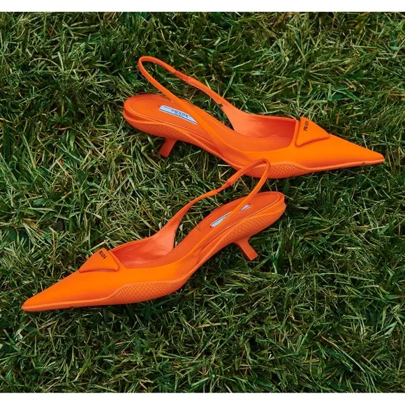 Prada Orange Pointed Nylon Slingback Heels - Picture 2 of 7
